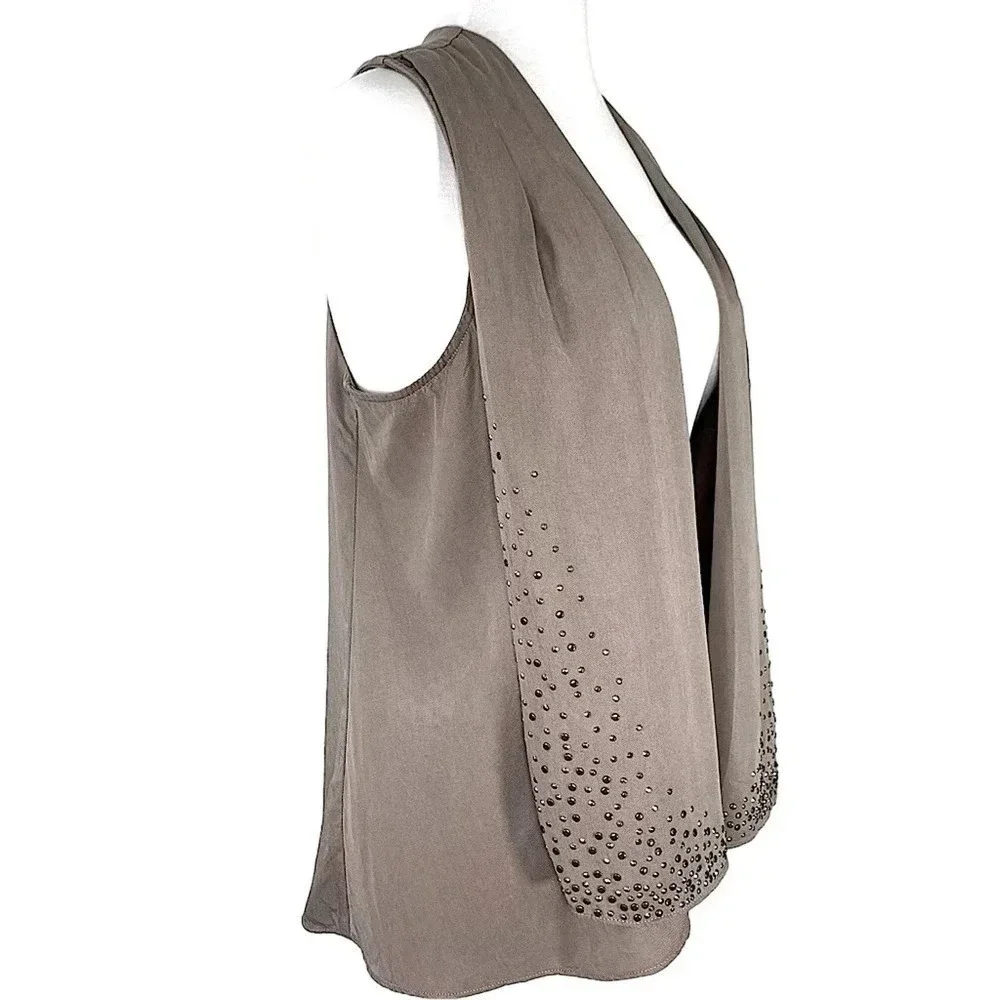 Cache Silk Blend Sleeveless Open Front Studded Vest Women Size M Brown Waterfall